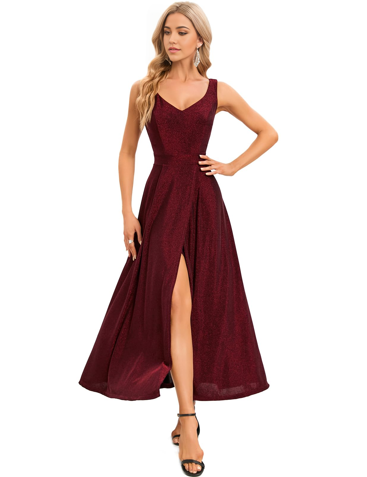 Vestido de noche formal sin mangas con escote en V y corte A, vestido de fiesta con abertura